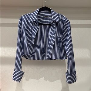 Zara Navy and White Striped Cropped Blouse